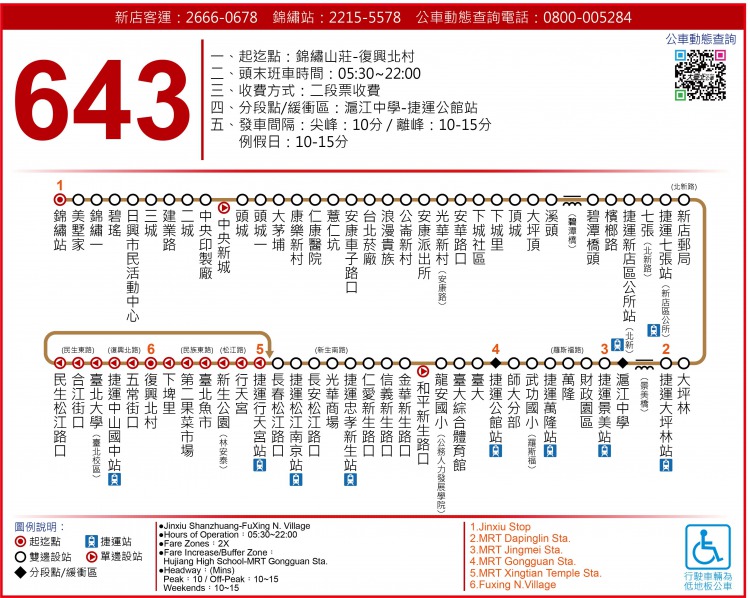 台湾のバス路線図<br />（643 錦繡山莊-復興北村）